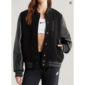 Nike Sportswear Oversized Wool Leather Destroyer Jacket Womens XL FN3672 Black